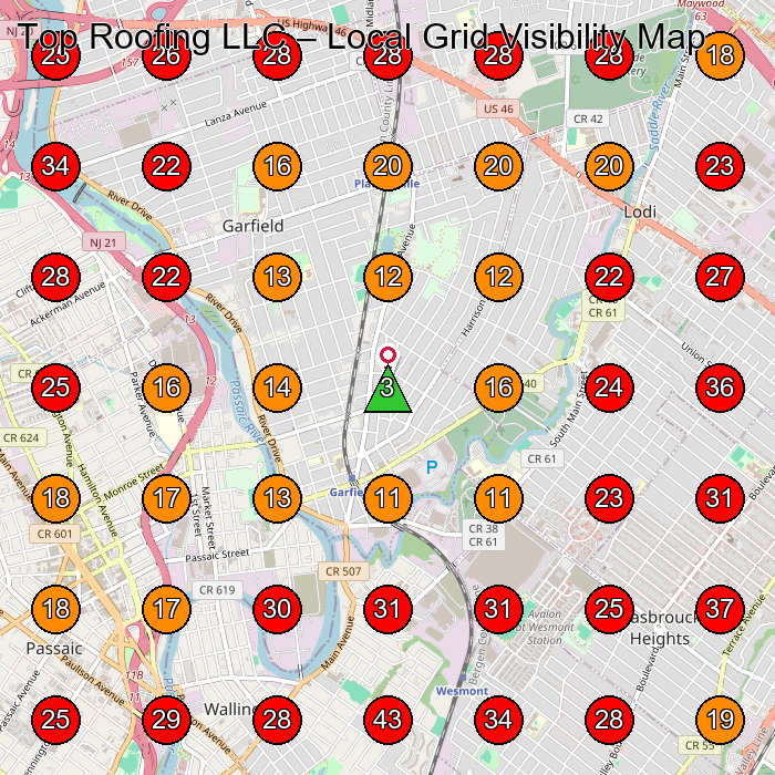 Top Roofing LLC GeoGrid visibility map for Roofing Contractor in Garfield